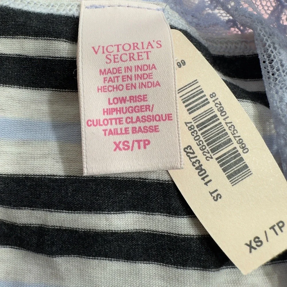 Victorias Secret XS Low Rise Hip‎ Hugger Striped Panties with Blue Lace Trim NWT